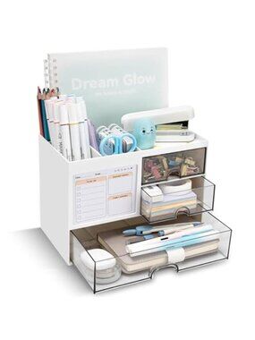 Desk Organizer With Drawers Pen Holder Office Storage Desktop Supplies White